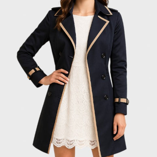 Prabanga | Moteriškas dvieilis trenčinis su kontrastinėmis detalėmis